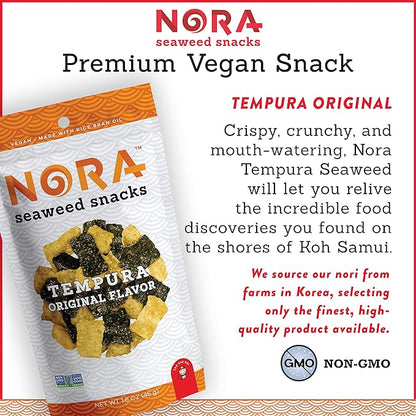 Original Tempura Seaweed Snacks by Nora, Thick Nori Sheets Snack Strips, Low-Carb Healthy Snacks for Adults, Asian Snacks, Vegan, Non-GMO, 6-Pack