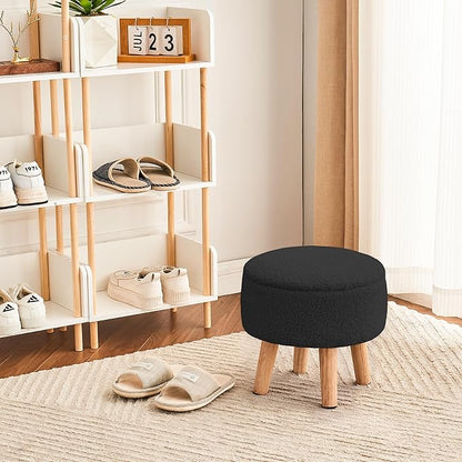 Poofzy Small Ottoman with Storage, Small Foot Stool Ottoman with Wood Legs, Sherpa Foot Rest for Couch, Living Room and Bedroom - Black