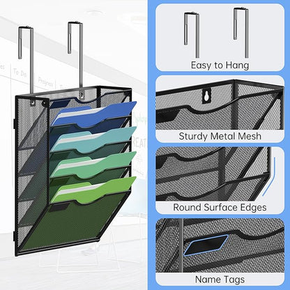 Kuntine.B Wall File Organizer Office Hanging Magazine Holder Wall File Organizer for Office Home (Black, 5 Tier & Hangers)
