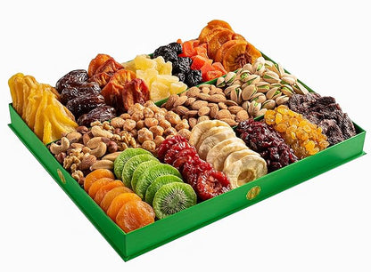 Dried Fruit & Nuts Gift Basket - Extra Large Selection of 18 Food Tray - Assorted Food Gift Box for Birthday, Family, Sympathy, Men & Women.