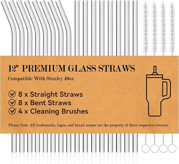 Foogwee® 20 Packs Reusable Glass Straws Set, 12'' x 10mm Clear Drinking Straws for Smoothies, Shakes, Coffee, Juice, Sodas, Milk, Tea, Cocktails, Set of 8 Straight and 8 Bent with 4 Cleaning Brushes