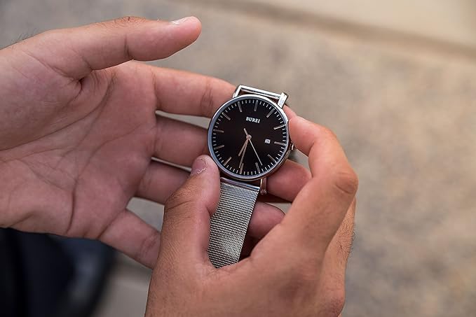 BUREI Men Watches Brown Leather Fashion Minimalist Wrist Watch Simple Ultra Thin Waterproof Quartz Watches All Black Stainless Steel Mesh Band,Gift for Men Women