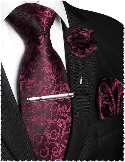 JEMYGINS Mens Floral Tie and Lapel Pin Necktie Pocket Square and Tie Clip with Sets for Business Casual 4PCS