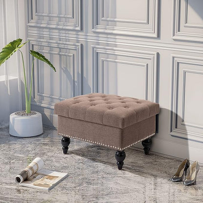HOMCOM Ottoman with Storage for Living Room, 25" Storage Ottoman with Removable Lid, Button-Tufted Fabric Bench for Footrest and Seat with Wood Legs, Coffee