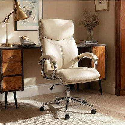 COLAMY Marcus Executive PU Leather Office Chair, High-Back Home Desk Chair Padded Seat & Back, Smooth-Rolling Casters – Luxury Ergonomic Desk Chair for Professional Workspaces (Beige)