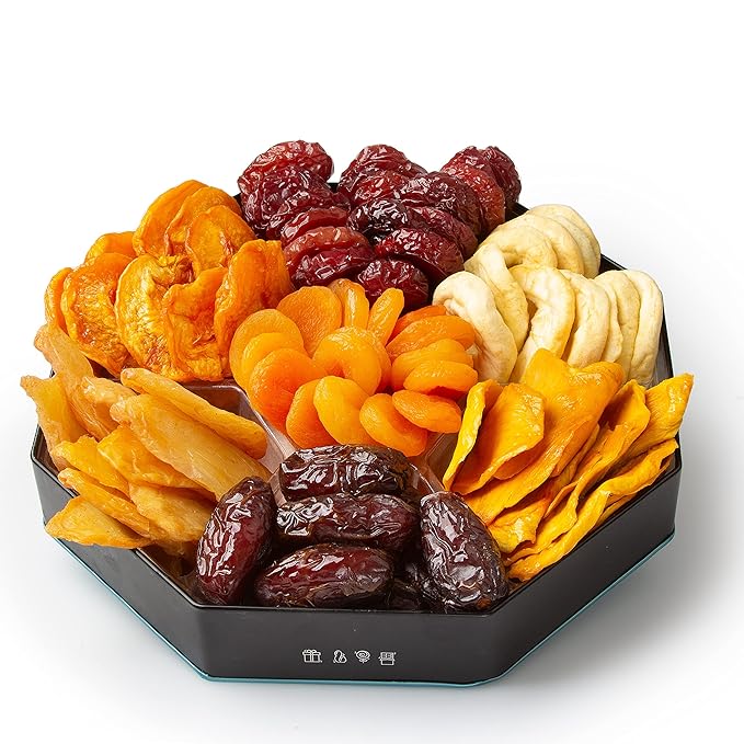 Oh! Nuts Dried Fruit Gift Basket 7 Variety Tin Box - Gourmet Arrangement Platter - Healthy Food Snack Box for Birthday, Anniversary, Corporate - Gift for Women & Men (Dried Fruits)