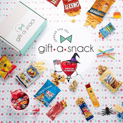 Gift A Snack - Halloween Candies Trick or Treats, Snack Box Care Package + Greeting Card (45 Count) Sweet Treats Gift Basket, Corn Candy Scary Spiders Stuffers Chips - Food Assortments