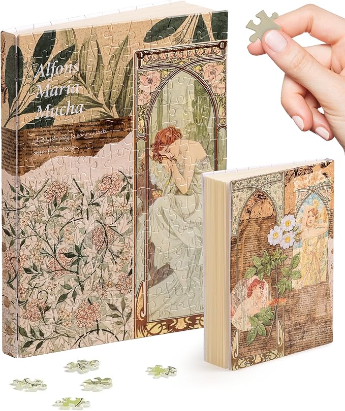 PieceRelax A5 Puzzle Journal for Adults, 300 Piece Plastic Jigsaw Book Cover (Includes Notebook) - Alphonse Mucha - The Times of The Day, Unique Gift [YA1059]