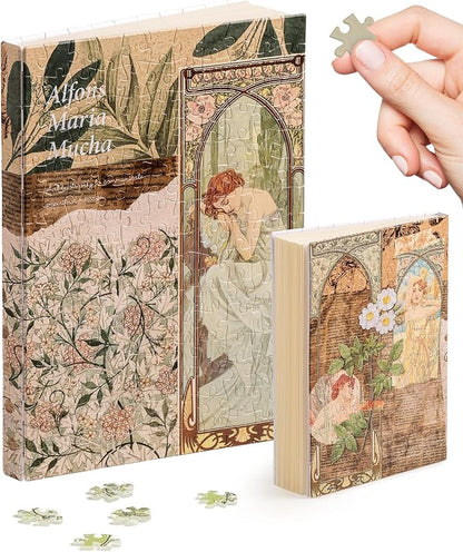 PieceRelax A5 Puzzle Journal for Adults, 300 Piece Plastic Jigsaw Book Cover (Includes Notebook) - Alphonse Mucha - The Times of The Day, Unique Gift [YA1059]