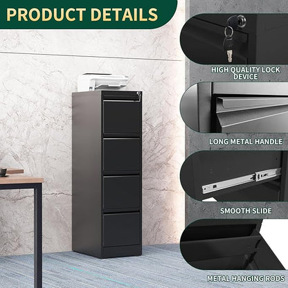4 Drawer File Cabinet with Lock, Steel Vertical Filing Storage Cabinet for Home Office, Heavy-Duty File Cabinets for Letters/Legal/A4 (Require Assembly, Black)