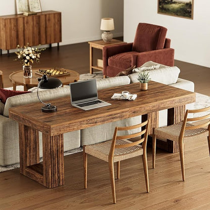 LITTLE TREE Two Person Desk, 86.6 Inches Extra Long Computer Desk, Double Computer Writing Table for 2 People, Wooden Large Desks Business Workstation for Home Office, Rustic Brown