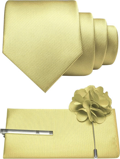 JEMYGINS Formal Necktie Solid Color Tie and Pocket Square with Tie Clip Lapel Pin Sets for Men 4PCS