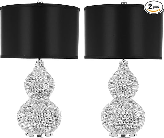 SAFAVIEH Lighting Collection Nicole Silver/Black Shade Beaded 25-inch Table Lamp Set of 2 with USB Charging Port (LED Bulbs Included)
