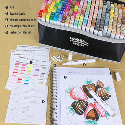 264 Alcohol Markers, Dual Tip Fine & Broad Drawing Markers Alcohol Marker Set with Case, Art Marker for Adults Coloring Artists Drawing Sketching Card Making and Illustration