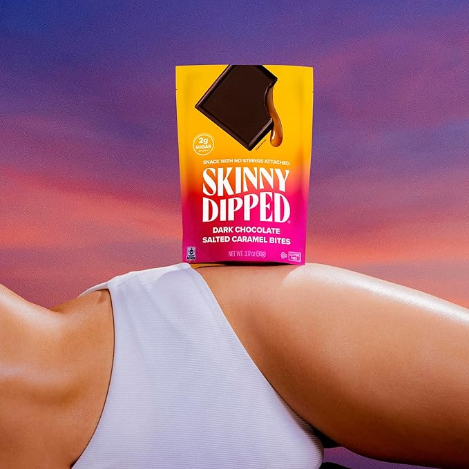 SkinnyDipped Dark Chocolate Salted Caramel Bites, 2g Sugar per Piece, Keto Friendly, Low Calorie Gluten Free, 4 Pack