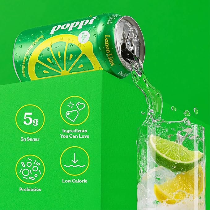 Poppi Sparkling Prebiotic Soda Beverage with Apple Cider Vinegar, Seltzer Water and Fruit Juice, Lemon Lime Flavor, 12 Fl Oz, Pack of 12, Packaging May Vary
