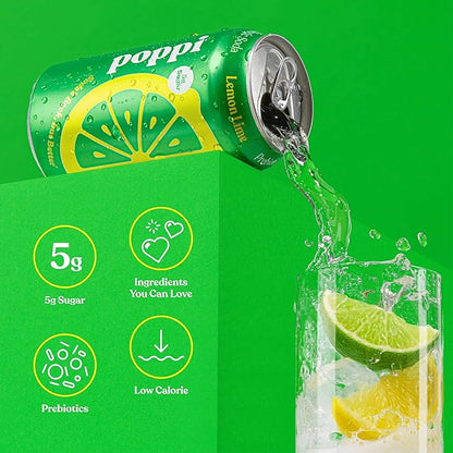 Poppi Sparkling Prebiotic Soda Beverage with Apple Cider Vinegar, Seltzer Water and Fruit Juice, Lemon Lime Flavor, 12 Fl Oz, Pack of 12, Packaging May Vary