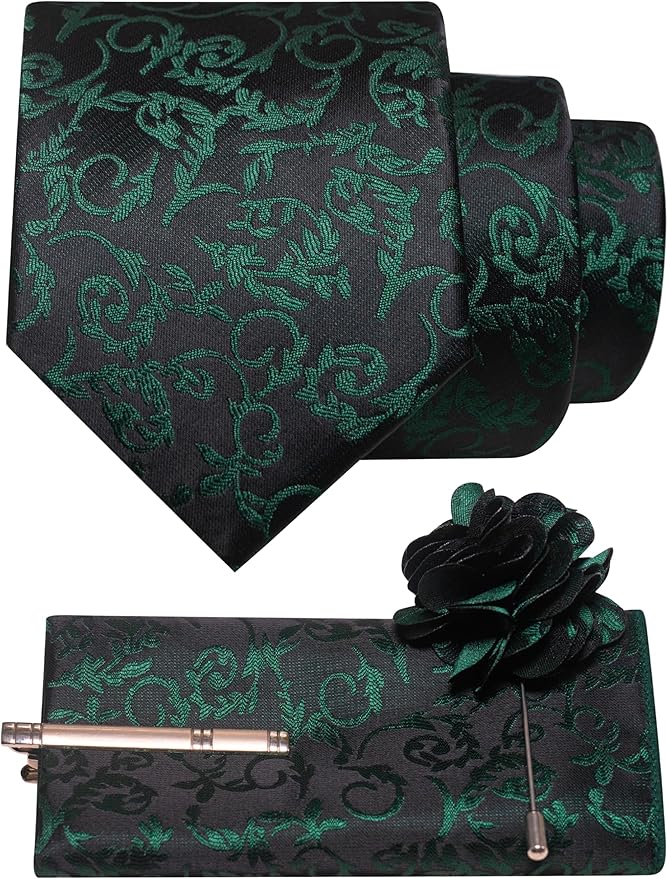 JEMYGINS Mens Floral Tie and Lapel Pin Necktie Pocket Square and Tie Clip with Sets for Business Casual 4PCS
