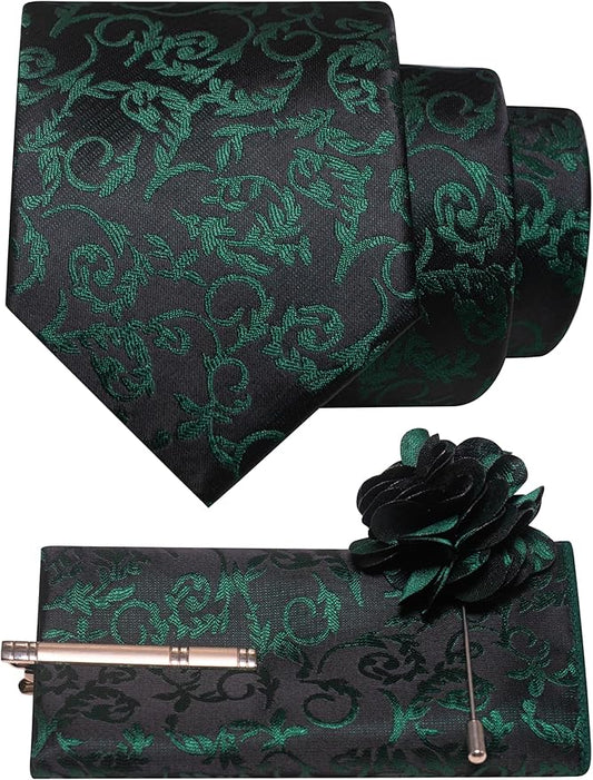 JEMYGINS Mens Floral Tie and Lapel Pin Necktie Pocket Square and Tie Clip with Sets for Business Casual 4PCS