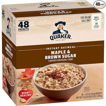 Quaker Instant Oatmeal, Maple & Brown Sugar, Individual Packets, 1.51 Ounce (Pack of 48)