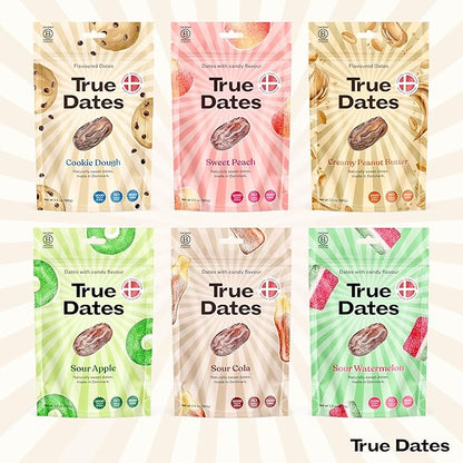 Candy Dates, Variety, 6-3.5 Ounce Bags (Creamy Peanut Butter, Cookie Dough, Sour Apple, Sour Cola, Sour Watermelon, Sweet Peach) - Dates With Candy Flavor, Vegan, No Added Sugar, Gluten Free