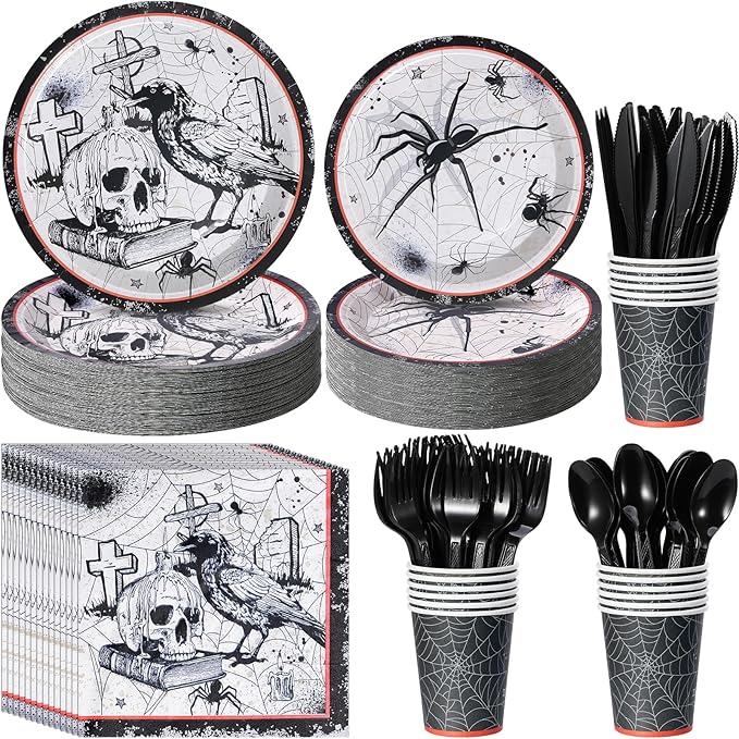 Halloween Party Plates Supplies,Disposable Vintage Skull,Spider Web Tableware Paper Plates and Napkins Cups Knives Spoons Forks for Halloween Birthday Baby Shower Party Decorations,Serve 25 Guests