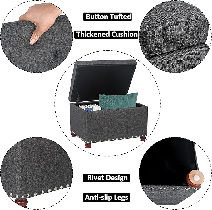 Adeco 24" Rectangular Fabric Storage Ottoman, Button Tufted Accents Linen Bench with Storage, Rivet Footstool with Wooden Legs and Safety Close Hinge for Living Room Bedroom Entryway