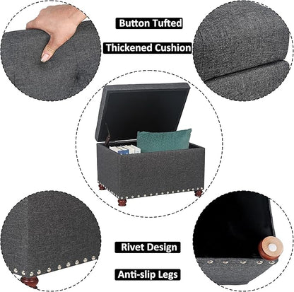 Adeco 24" Rectangular Fabric Storage Ottoman, Button Tufted Accents Linen Bench with Storage, Rivet Footstool with Wooden Legs and Safety Close Hinge for Living Room Bedroom Entryway