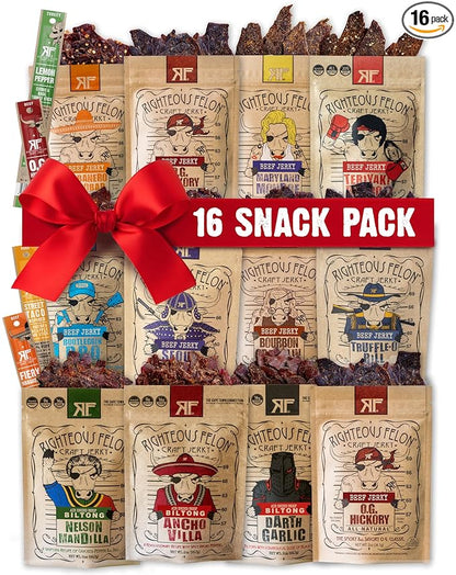 Righteous Felon Beef Jerky & Meat Sticks Variety Pack | Gifts for Men | High Protein, Keto, Low Sugar | Made with Premium Meats | Gluten Free Beef Jerky Snack Packs | Whole Shebang 16 Pack
