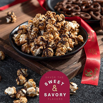 KREMERY Creamy Chocolate Cravings - Thanksgiving Chocolate Covered Pretzels & Caramel Popcorn Gift Basket, in Seagrass Tray + Ribbon (Premium, 2.5 lbs) Holiday Xmas Christmas