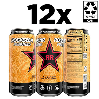 Rockstar Energy Drink Punched Strawberry Peach, 16oz Cans (12 Pack)