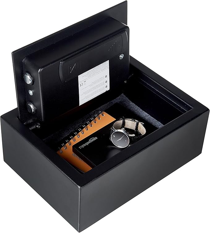 Amazon Basics Small Slim Desk Drawer Security Safe with Programmable Electronic Keypad, 0.1 Cubic Feet, Small Safe, Black, 11.8''W x 8.6''D x 4.4''H