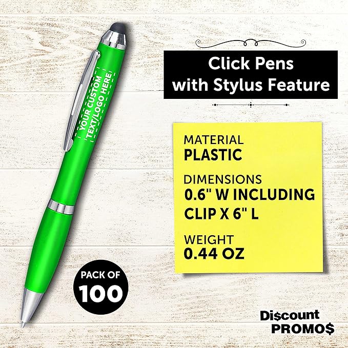 DISCOUNT PROMOS Custom Plastic Stylus Pens Set of 100, Personalized Bulk Pack - Black Ink, Great for Office, School, Business, Tradeshows, Events - Green