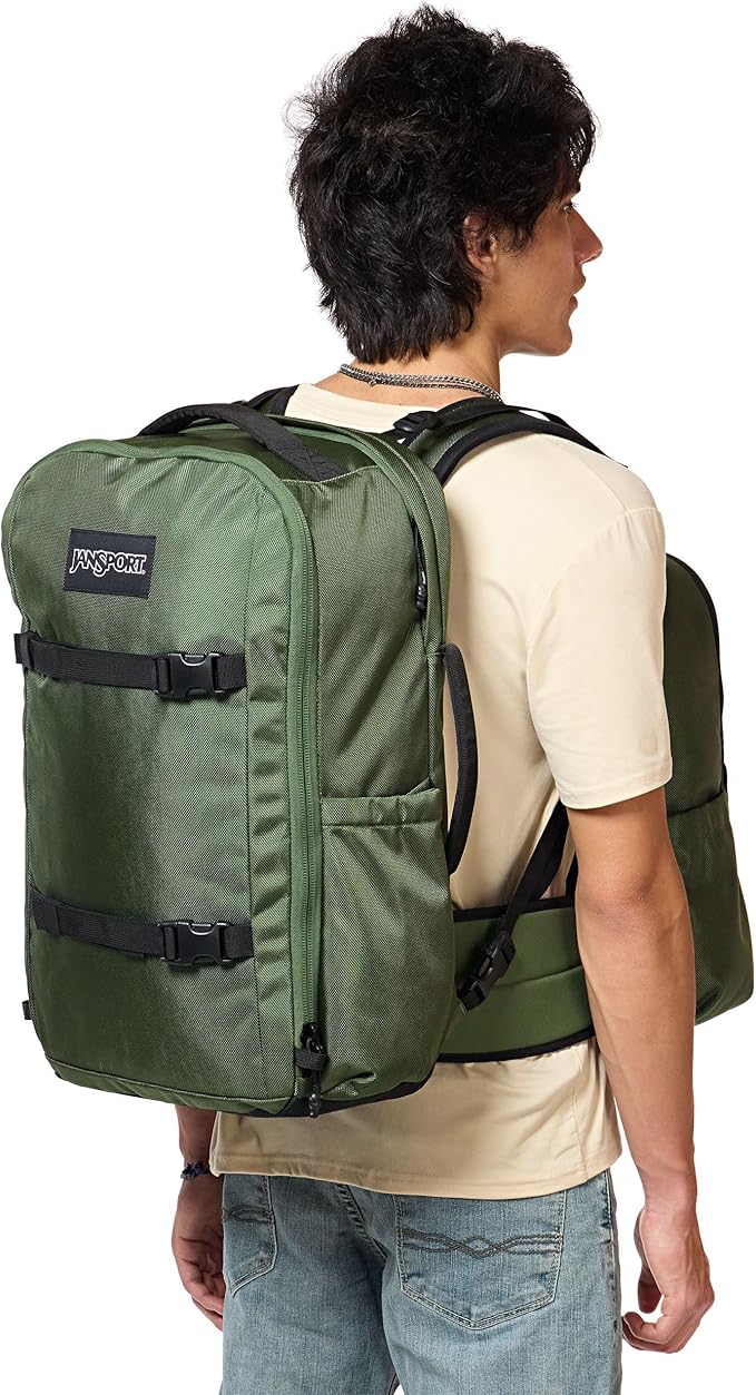 JanSport Venture Pack System – Travel Pack With Large Main Compartment, 4 Water Bottle Pockets, Adjustable Torso Length, Perimeter Wireframe Suspension, Tuck-Away Straps, Padded Hip Belt, Cargo Green