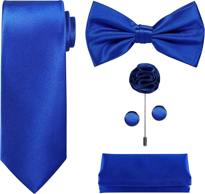 TIE G 5pcs Tie Set in WHITE OR BLACK GIFT BOX: Solid Color Necktie, Satin Bow Tie, Pocket Square, Lapel, Cuff Links
