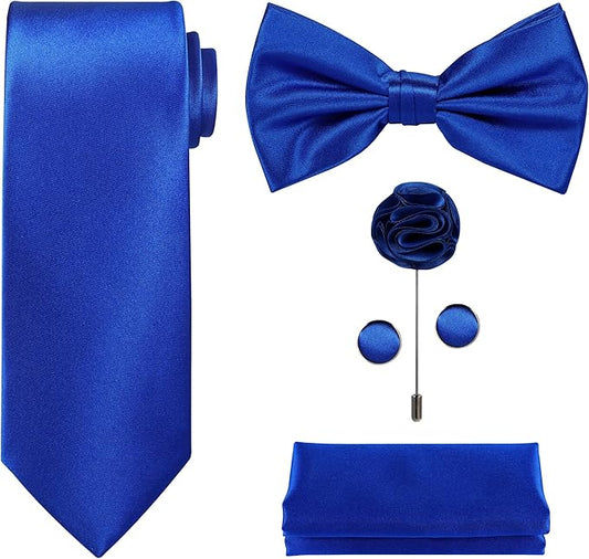 TIE G 5pcs Tie Set in WHITE OR BLACK GIFT BOX: Solid Color Necktie, Satin Bow Tie, Pocket Square, Lapel, Cuff Links