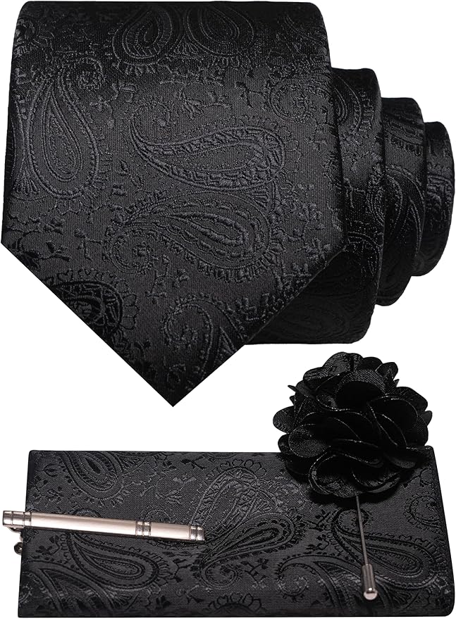 JEMYGINS Mens Paisley Tie and Lapel Pin Necktie Pocket Square and Tie Clip with Sets for Business Casual 4PCS