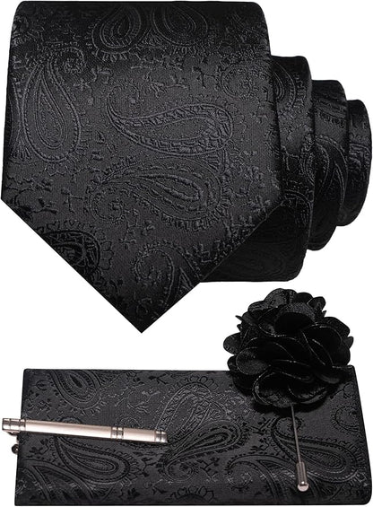 JEMYGINS Mens Paisley Tie and Lapel Pin Necktie Pocket Square and Tie Clip with Sets for Business Casual 4PCS