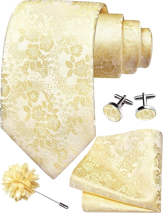GUSLESON 3.15"（8cm） Mens Floral Tie and Lapel Pin Necktie Hankerchief Cufflinks Set for Men
