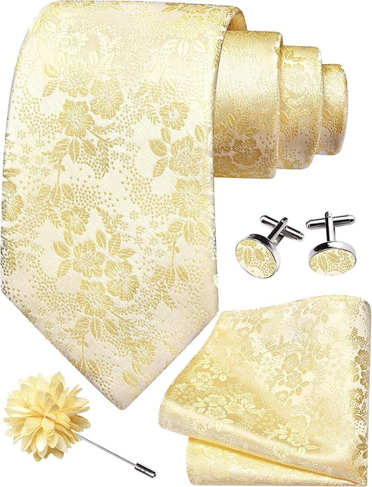 GUSLESON 3.15"（8cm） Mens Floral Tie and Lapel Pin Necktie Hankerchief Cufflinks Set for Men