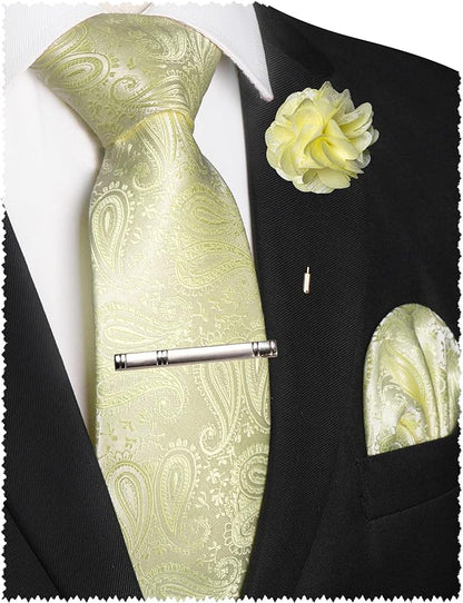 JEMYGINS Mens Paisley Tie and Lapel Pin Necktie Pocket Square and Tie Clip with Sets for Business Casual 4PCS