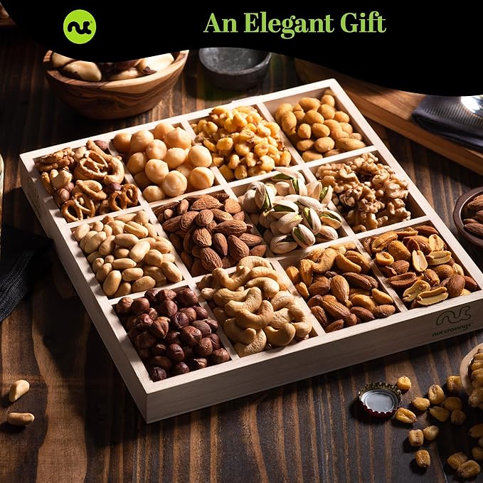 NUT CRAVINGS - Thanksgiving Mixed Nuts Gift Basket in Reusable Wooden Tray + Green Ribbon (12 Assortments) Holiday Xmas Christmas Food Arrangement, Healthy Snack Care Package