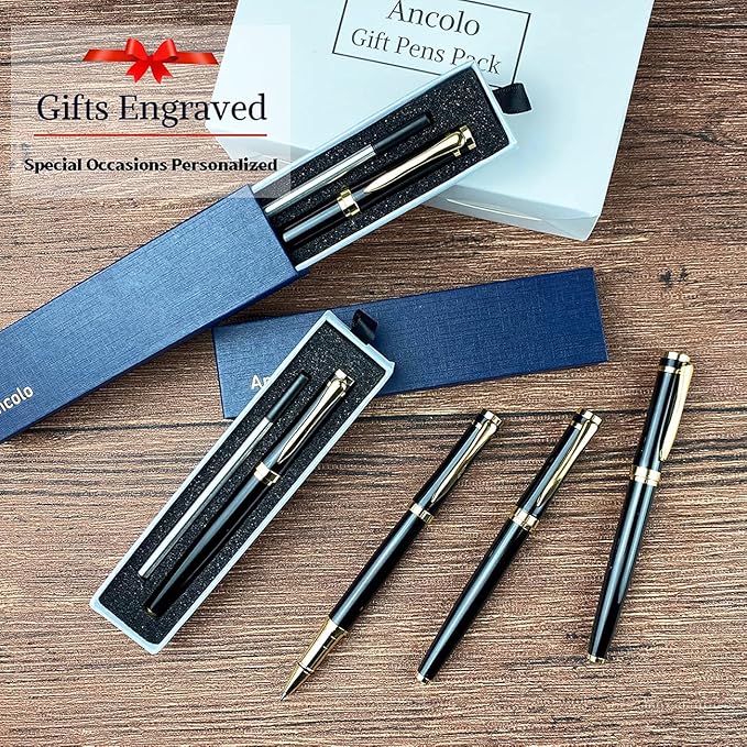 Ancolo Personalized Black Executive Business Pens - Medium Point with 10 Black Ink Refills Custom with Your Name or Message, Gift for Students/Teacher/Manager/Lawyer/Professor 5PCS/Pack