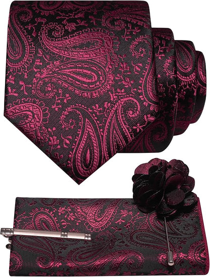 JEMYGINS Mens Paisley Tie and Lapel Pin Necktie Pocket Square and Tie Clip with Sets for Business Casual 4PCS