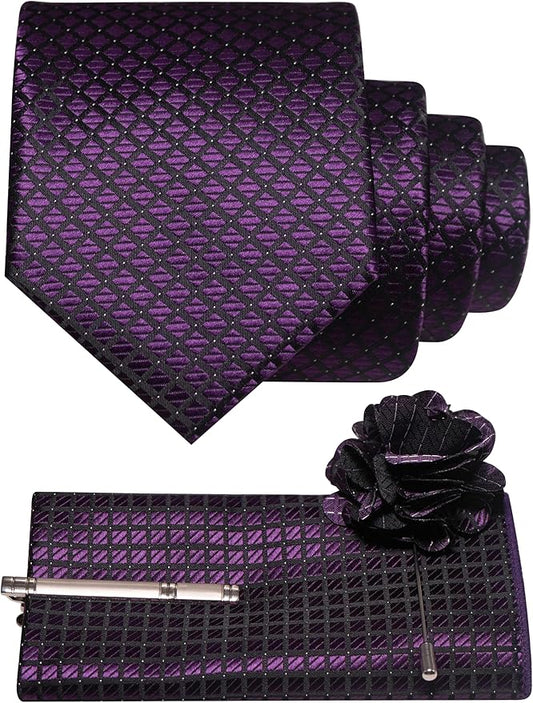 JEMYGINS Mens Solid Color Plaid Tie and Lapel Pin Necktie Pocket Square and Tie Clip with Sets for Business Casual 4PCS