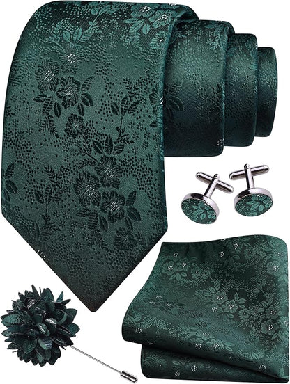 GUSLESON 3.15"（8cm） Mens Floral Tie and Lapel Pin Necktie Hankerchief Cufflinks Set for Men