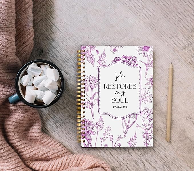 Christian Notebook for Women, Christian Art Gifts Journal, Prayer Journal for Women, Bible Journaling Notebook, PSALM 23:3 He Restores My Soul Floral Spiral Notebook 5.5x8.3