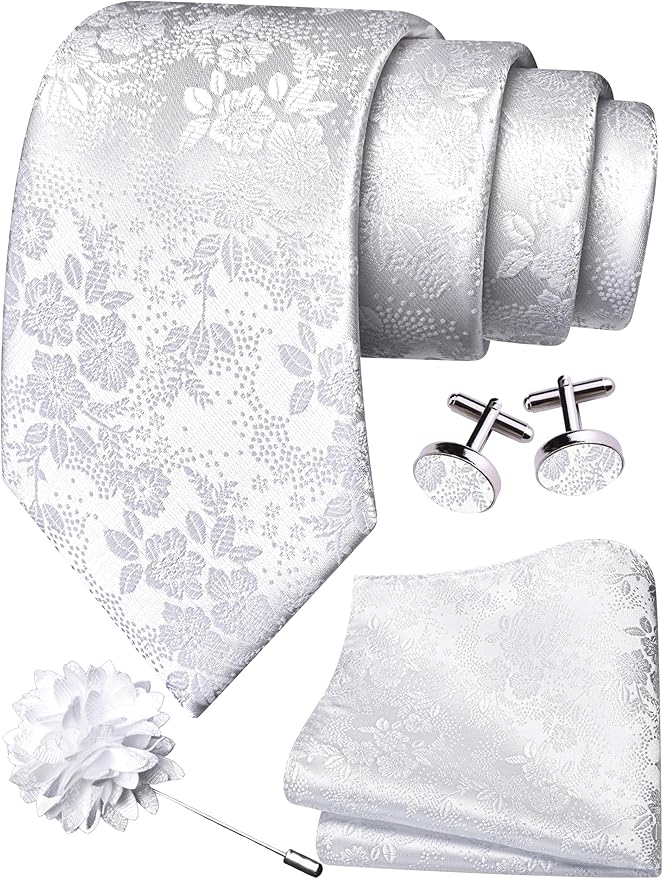 GUSLESON 3.15"（8cm） Mens Floral Tie and Lapel Pin Necktie Hankerchief Cufflinks Set for Men