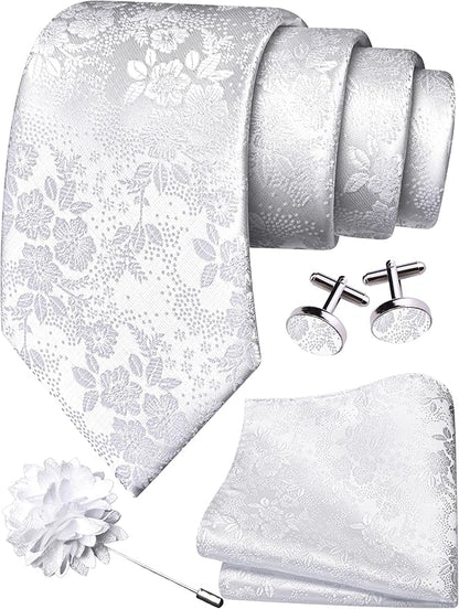 GUSLESON 3.15"（8cm） Mens Floral Tie and Lapel Pin Necktie Hankerchief Cufflinks Set for Men