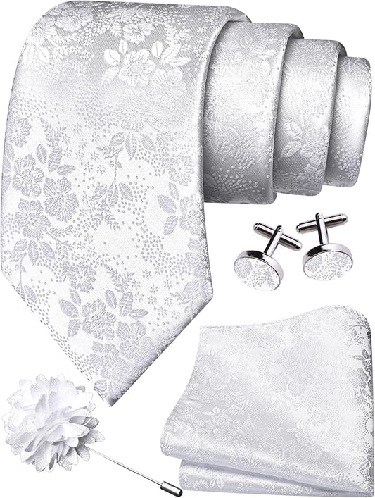 GUSLESON 3.15"（8cm） Mens Floral Tie and Lapel Pin Necktie Hankerchief Cufflinks Set for Men
